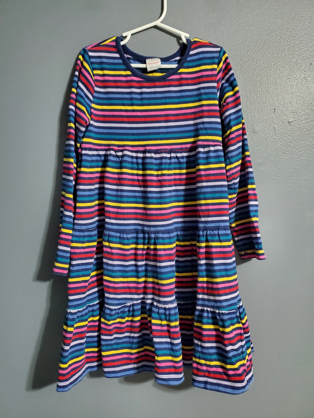 Hanna Andersson Girls Long-Sleeve Rainbow Stripe Tiered Dress Size 130